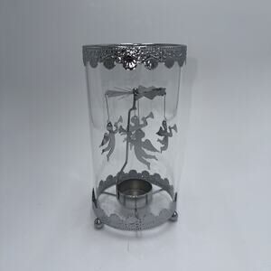 Silver Angel Tea Light Candle Carousel Spinner Glass Hurricane Decor